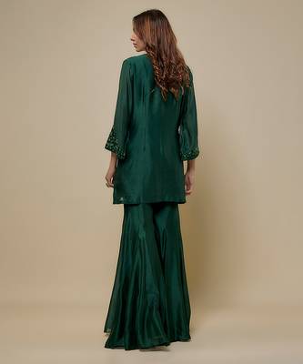 Emerald green embroidered chanderi organza sharara set 2
