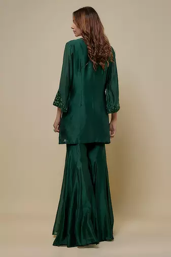 Emerald green embroidered chanderi organza sharara set