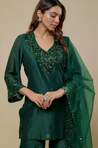 Emerald green embroidered chanderi organza sharara set