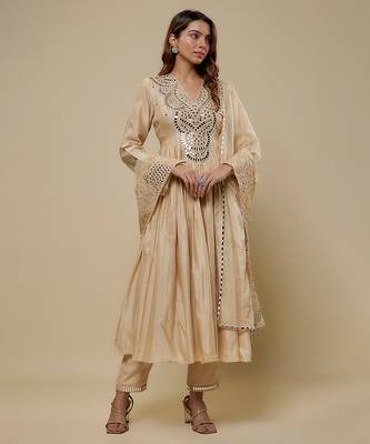 Beige embroidered chanderi muslin organza anarkali set 1