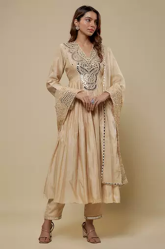 Beige embroidered chanderi muslin organza anarkali set