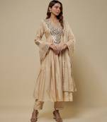 Beige embroidered chanderi muslin organza anarkali set