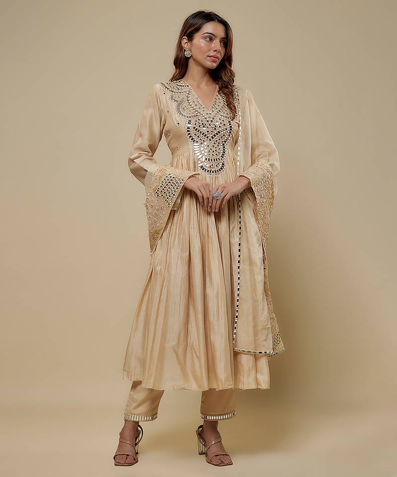 Beige embroidered chanderi muslin organza anarkali set