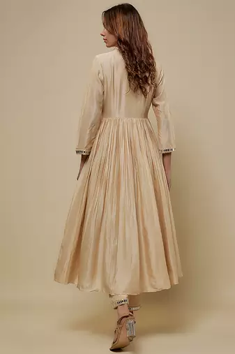 Beige embroidered chanderi muslin organza anarkali set