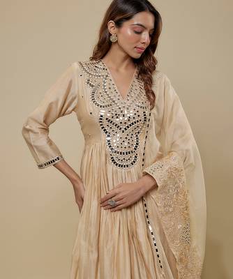 Beige embroidered chanderi muslin organza anarkali set 4