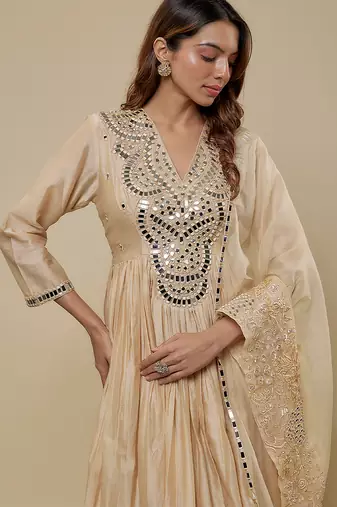 Beige embroidered chanderi muslin organza anarkali set