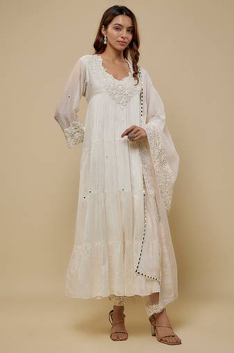 Ivory embroidered chanderi muslin organza anarkali set