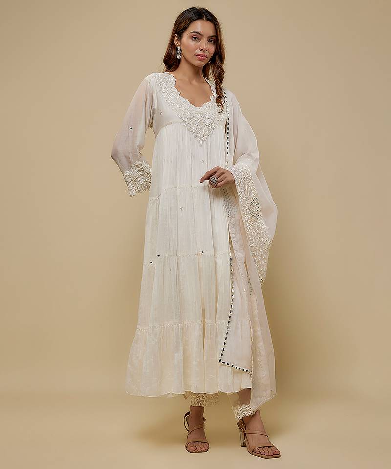 Ivory embroidered chanderi muslin organza anarkali set