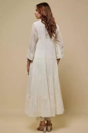 Ivory embroidered chanderi muslin organza anarkali set