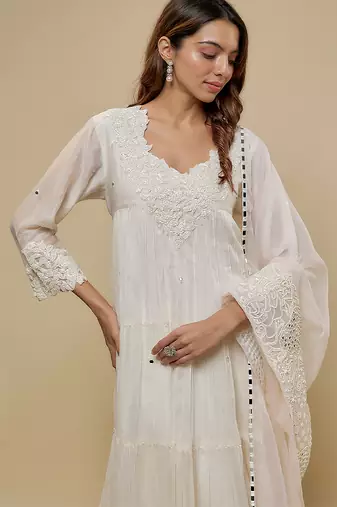 Ivory embroidered chanderi muslin organza anarkali set