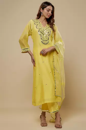 Butter yellow embroidered chanderi muslin organza kurta set