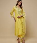Butter yellow embroidered chanderi muslin organza kurta set