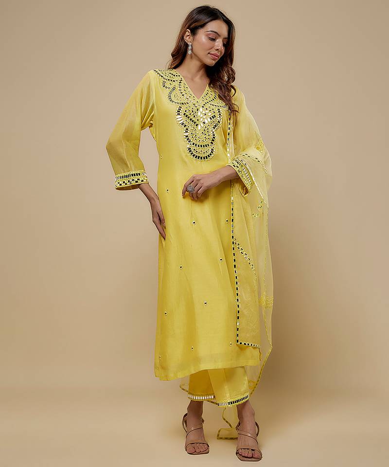Butter yellow embroidered chanderi muslin organza kurta set