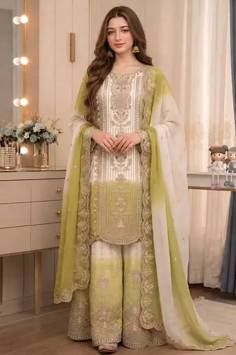 Light Olive And White Color Embroidery And Thread Work Georgette Salwar Suit