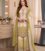 Light Olive And White Color Embroidery And Thread Work Georgette Salwar Suit