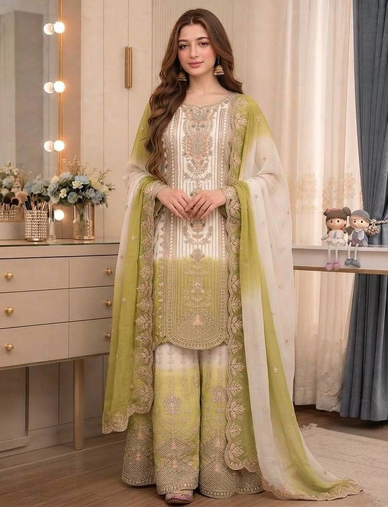 Light Olive And White Color Embroidery And Thread Work Georgette Salwar Suit