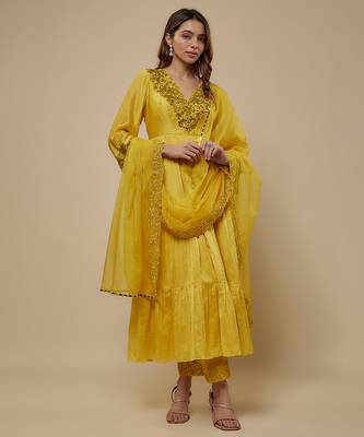 Yellow embroidered chanderi muslin organza anarkali set 1