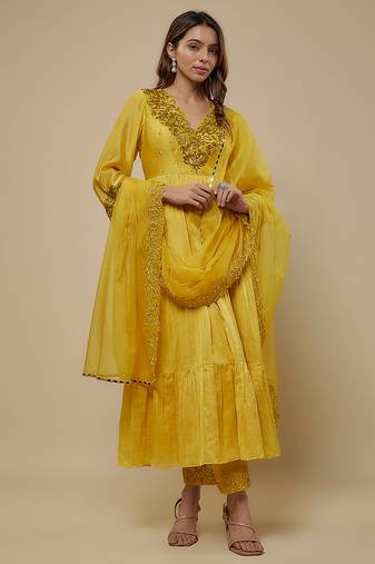 Yellow embroidered chanderi muslin organza anarkali set