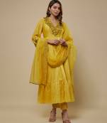 Yellow embroidered chanderi muslin organza anarkali set