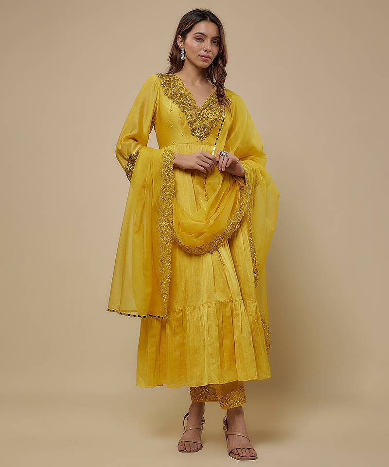 Yellow embroidered chanderi muslin organza anarkali set