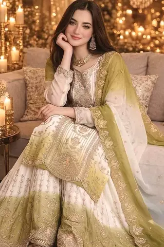 Light Olive And White Color Embroidery And Thread Work Georgette Salwar Suit