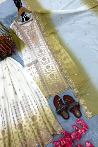 Light Olive And White Color Embroidery And Thread Work Georgette Salwar Suit