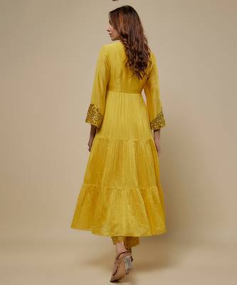 Yellow embroidered chanderi muslin organza anarkali set 2