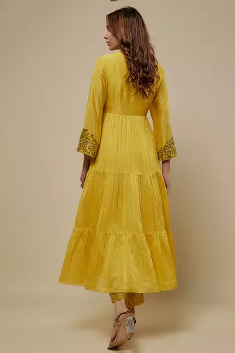 Yellow embroidered chanderi muslin organza anarkali set