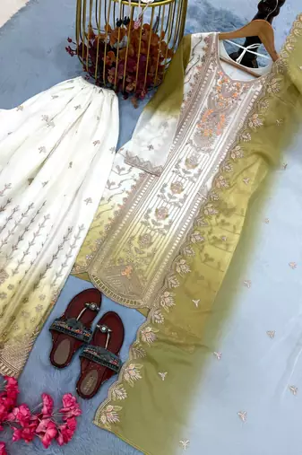 Light Olive And White Color Embroidery And Thread Work Georgette Salwar Suit