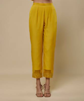 Yellow embroidered chanderi muslin organza anarkali set 3