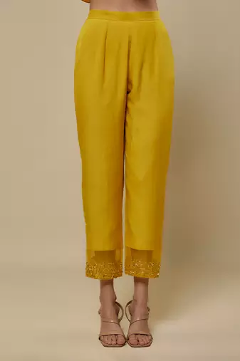 Yellow embroidered chanderi muslin organza anarkali set