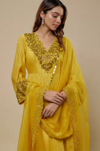 Yellow embroidered chanderi muslin organza anarkali set