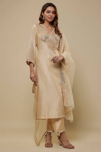 Beige embroidered chanderi muslin organza kurta set