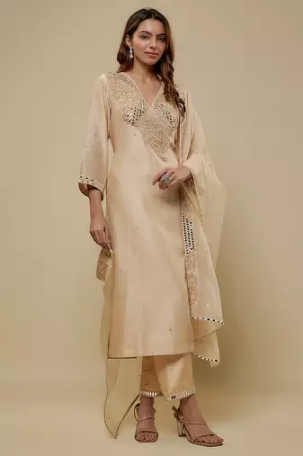 Beige embroidered chanderi muslin organza kurta set
