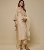 Beige embroidered chanderi muslin organza kurta set