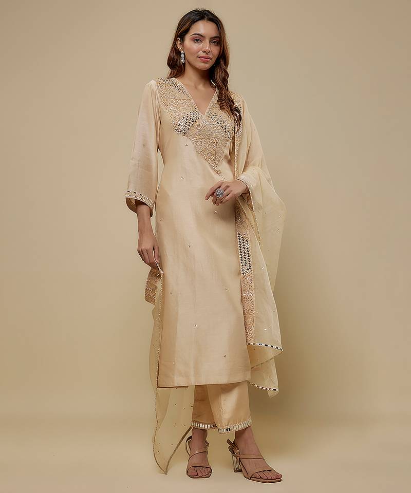 Beige embroidered chanderi muslin organza kurta set