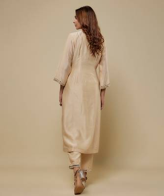 Beige embroidered chanderi muslin organza kurta set 2