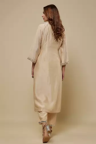 Beige embroidered chanderi muslin organza kurta set