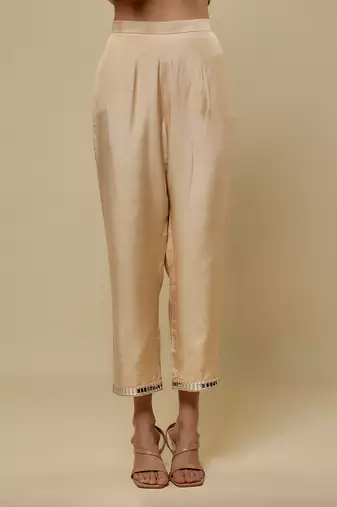 Beige embroidered chanderi muslin organza kurta set