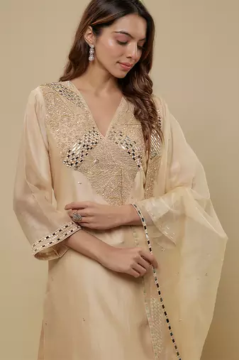 Beige embroidered chanderi muslin organza kurta set