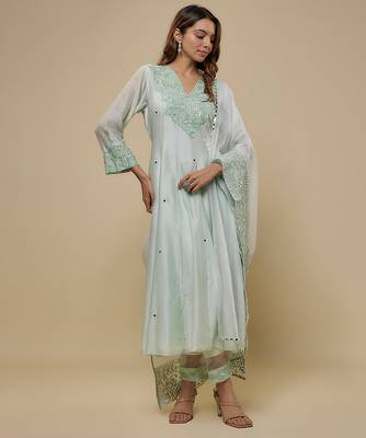Mint green embroidered chanderi muslin organza anarkali set 1
