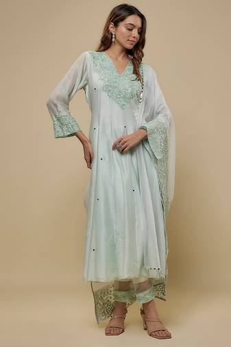 Mint green embroidered chanderi muslin organza anarkali set