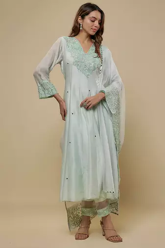 Mint green embroidered chanderi muslin organza anarkali set