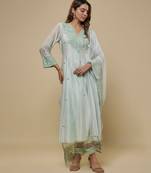 Mint green embroidered chanderi muslin organza anarkali set