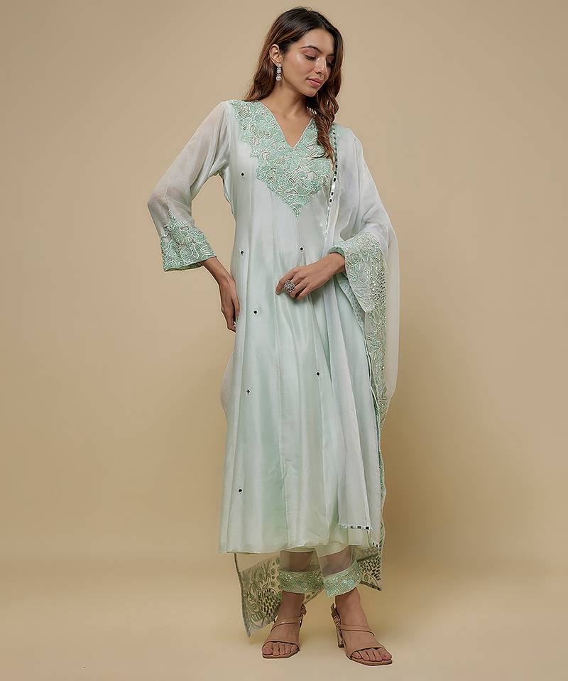 Mint green embroidered chanderi muslin organza anarkali set