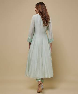 Mint green embroidered chanderi muslin organza anarkali set 2