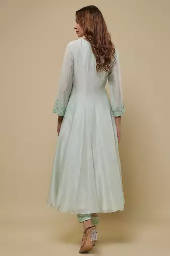 Mint green embroidered chanderi muslin organza anarkali set