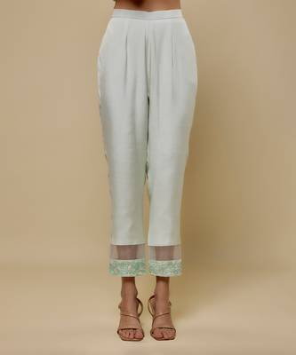 Mint green embroidered chanderi muslin organza anarkali set 3