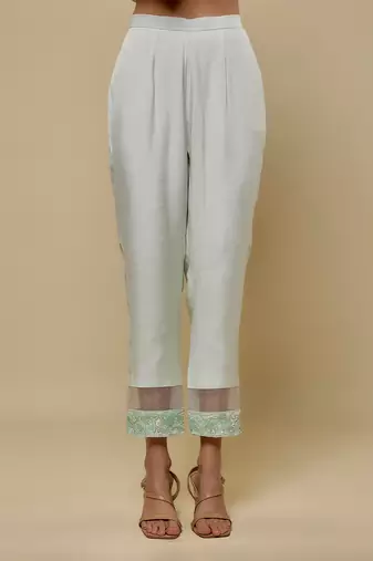 Mint green embroidered chanderi muslin organza anarkali set