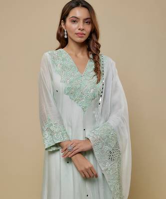Mint green embroidered chanderi muslin organza anarkali set 4